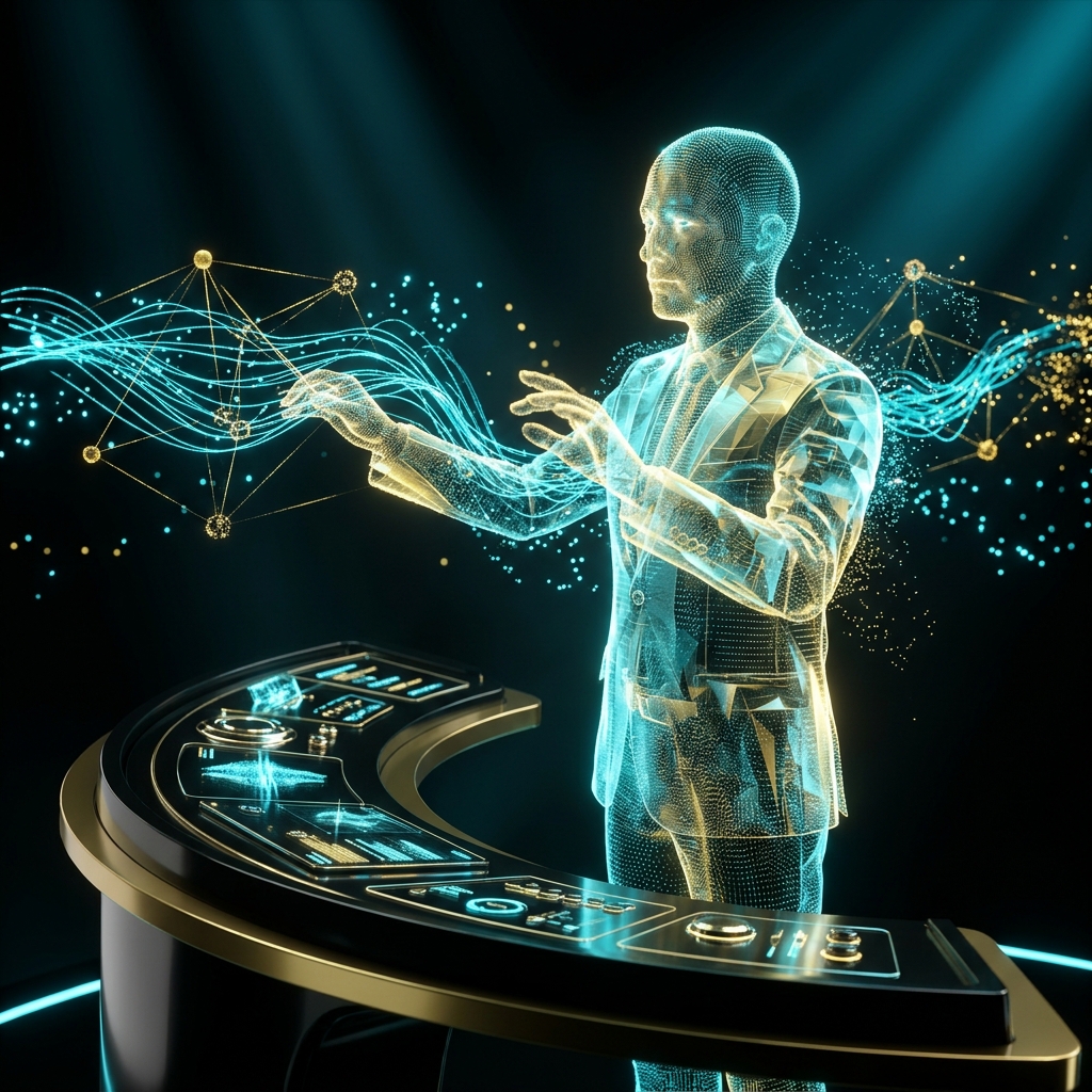 Volumetric 3D holographic digital twin representing the Human Orchestrator conducting neural streams at a command console